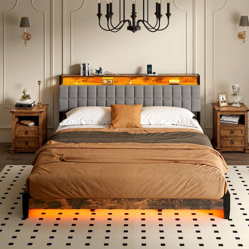 Moasis King/Queen/Full Size Upholstered Platform Bed with Charging Station and Storage Headboard