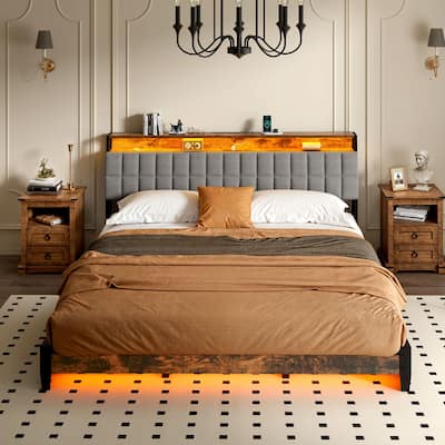Moasis King/Queen/Full Size Upholstered Platform Bed with Charging Station and Storage Headboard