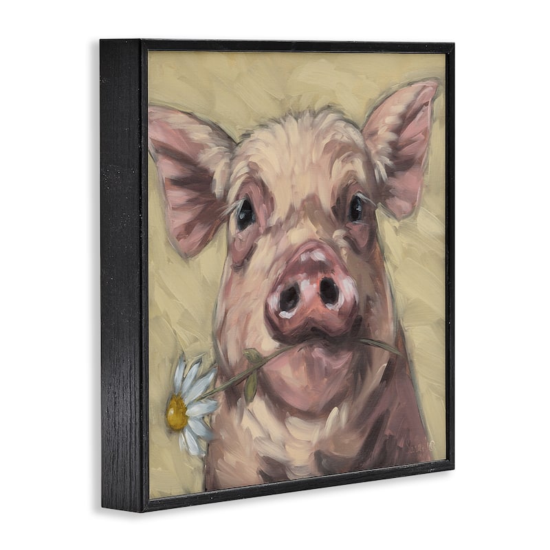 Stupell Pig Holding Daisy Sprig Framed Giclee Art Design By Sara G. Designs