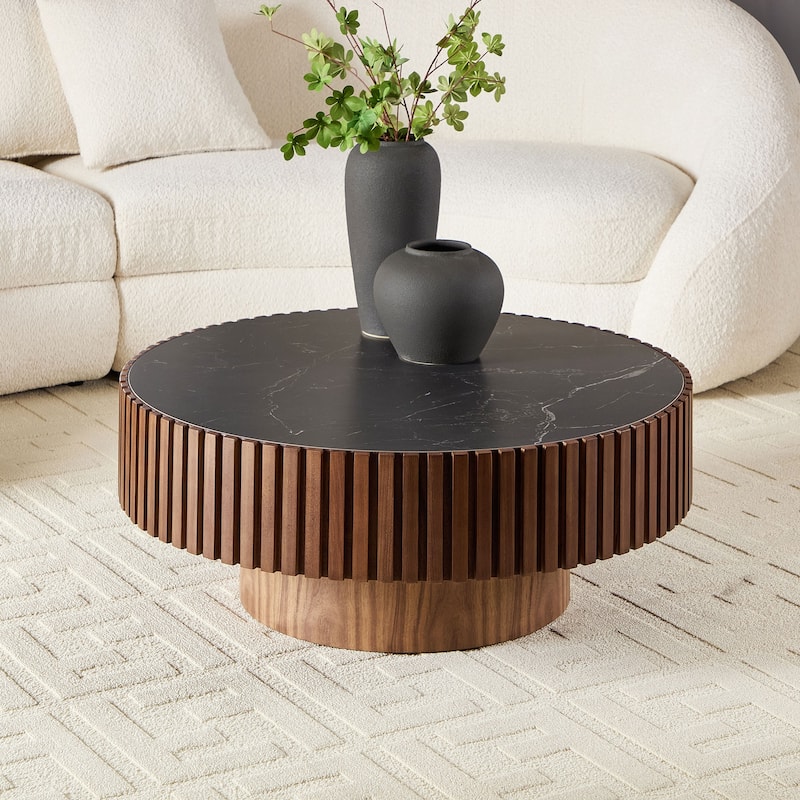 Luxury Round Coffee Table with Faux Marble Top, 35.43" Modern Low Drum Shape Cocktail Table for Living Room, Reception Room