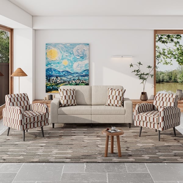 Wilmington Low-profile Curved Arms Sofa Chair, Tapered Solid Wood Espresso Legs, Beige/Brown/Multi-Color, Striped, Modern