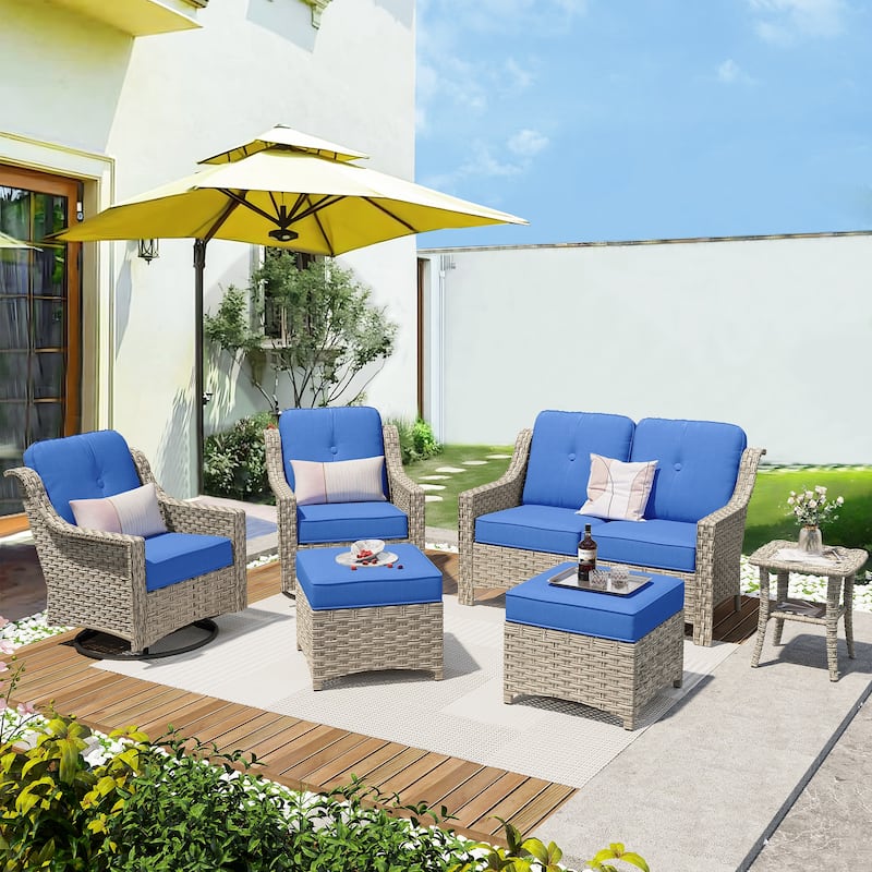 XIZZI 6-piece High-back Outdoor Seating Furniture Set with Swivel Chair - Navy Blue