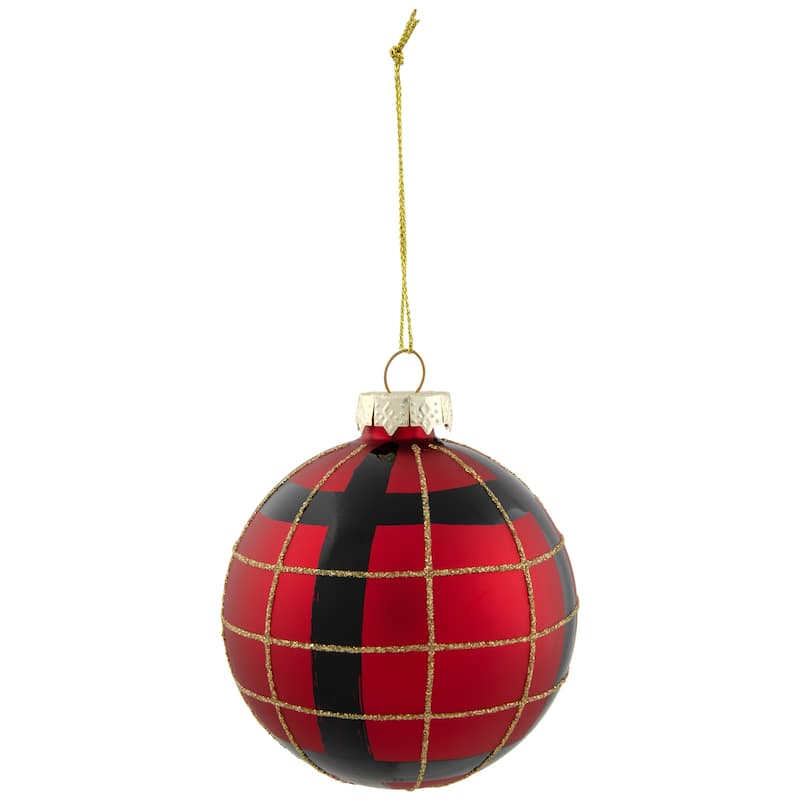 4ct Red, Black and Gold Plaid Glass Ball Christmas Ornaments 3.25"