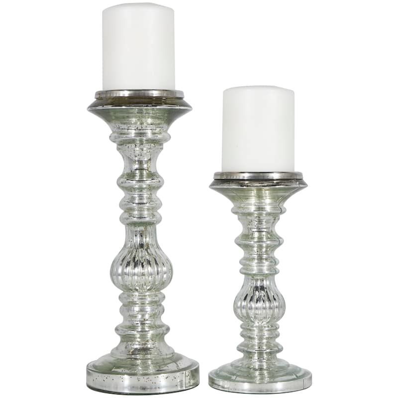 Metal Handmade Turned Style Pillar Candle Holder - Set of 2 Silver - Roche River Decor - 4"W x 4"L x 9"H