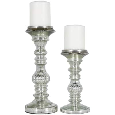 Metal Handmade Turned Style Pillar Candle Holder - Set of 2 Silver - Roche River Decor - 4"W x 4"L x 9"H