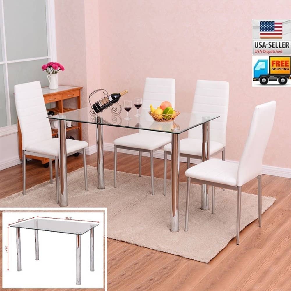 110cm Dining Table Set Tempered Glass Dining Table with 4pcs Chairs