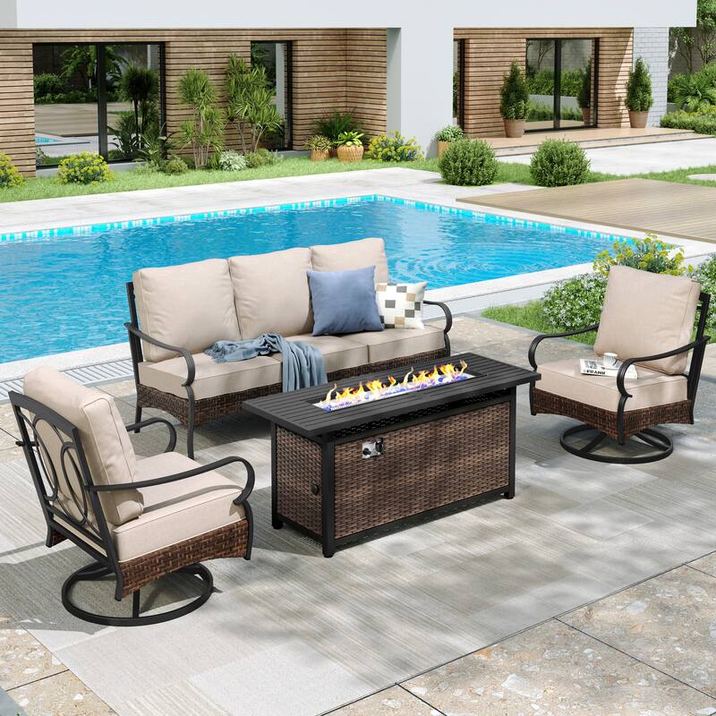 MAISON ARTS Patio Furniture Set with 56" Fire Pit Table, Deep Seating Sofa & Swivel, Rocking, and Fixed Chairs (5 Seats, Beige) - Swivel Chair - Beige