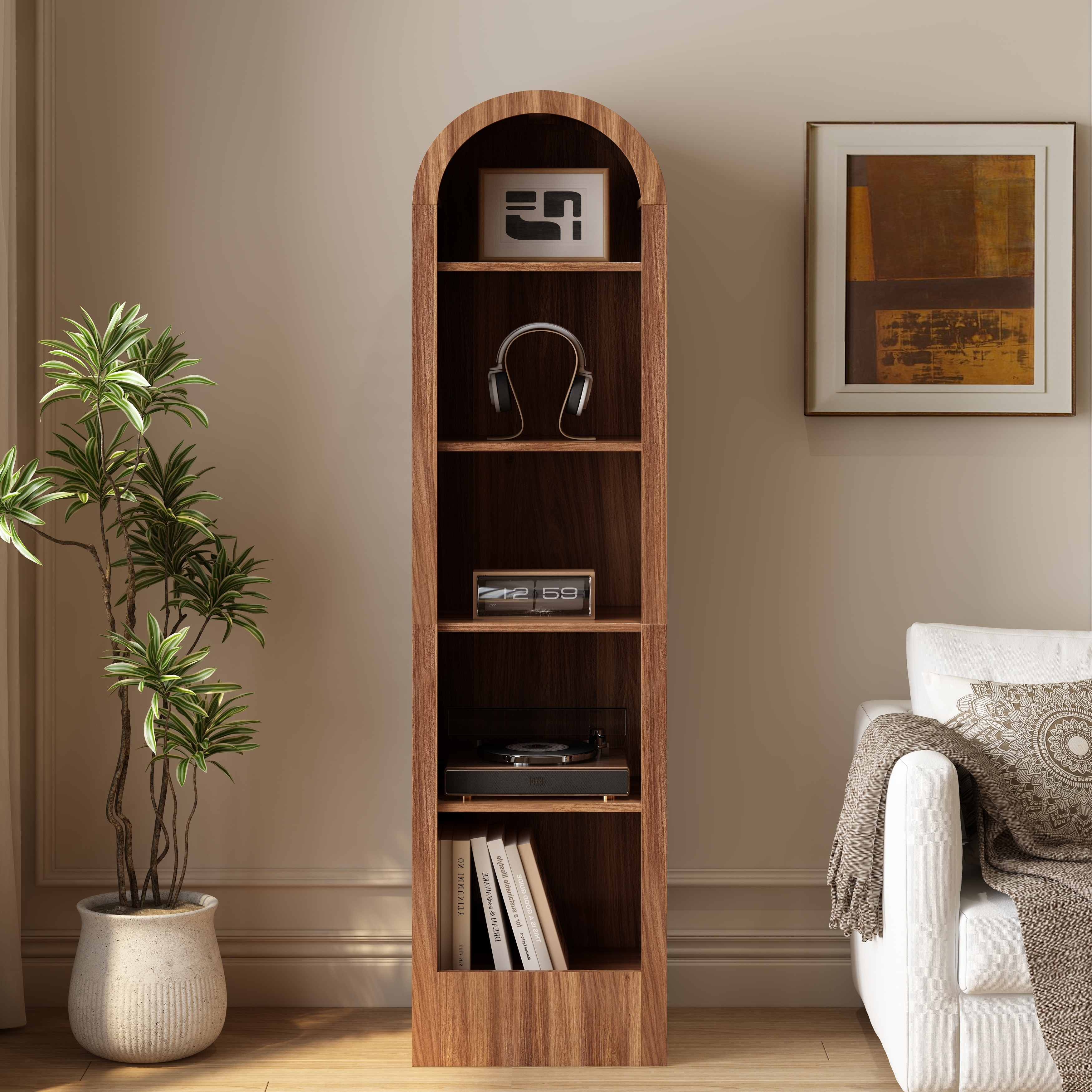 67"H Small Arched Bookcase, Mid Century Modern 5-Tier Arched Storage Bookcase with Open Display Storage Shelf