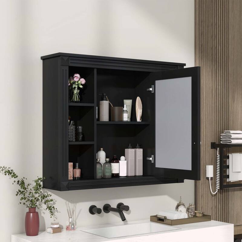 35'' x 28'' Modern and Functional Medicine Cabinet with Mirror,6 Open Shelves - Black