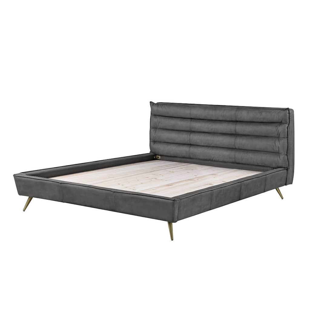 Queen Bed Gray Leather Upholstered Platform Bed Modern Bedroom Furniture