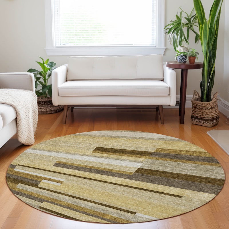 Premium Washable Super Soft Stripes Stacked Mayfield Rug - Khaki - 8' x 8' - Round