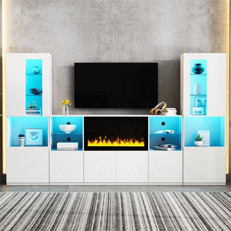 34.2" Non-Heater Electric Fireplace TV Stand - High Gloss Finish, LED Lights & Storage for TVs up to 75"