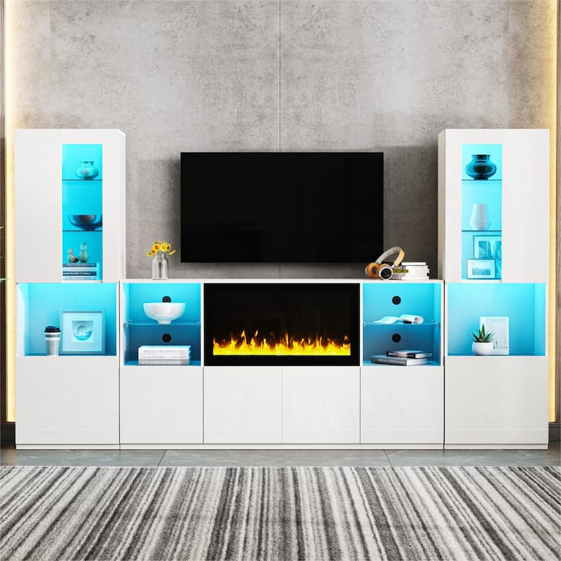 TV Stand with 34.2" Non-heating Electric Fireplace,Entertainment Center with LED Light,Tempered Glass Shelves for TVs up to 75"