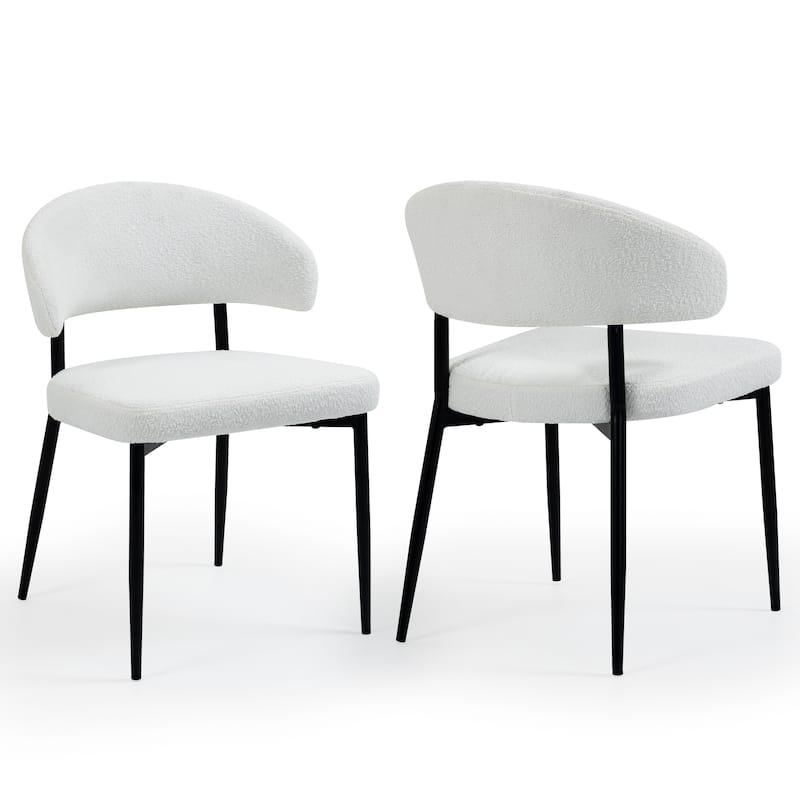 Set of 2 Ayoka White Boucle Dining Chairs with Black Iron Legs