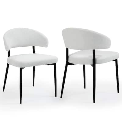 Set of 2 Ayoka White Boucle Dining Chairs with Black Iron Legs