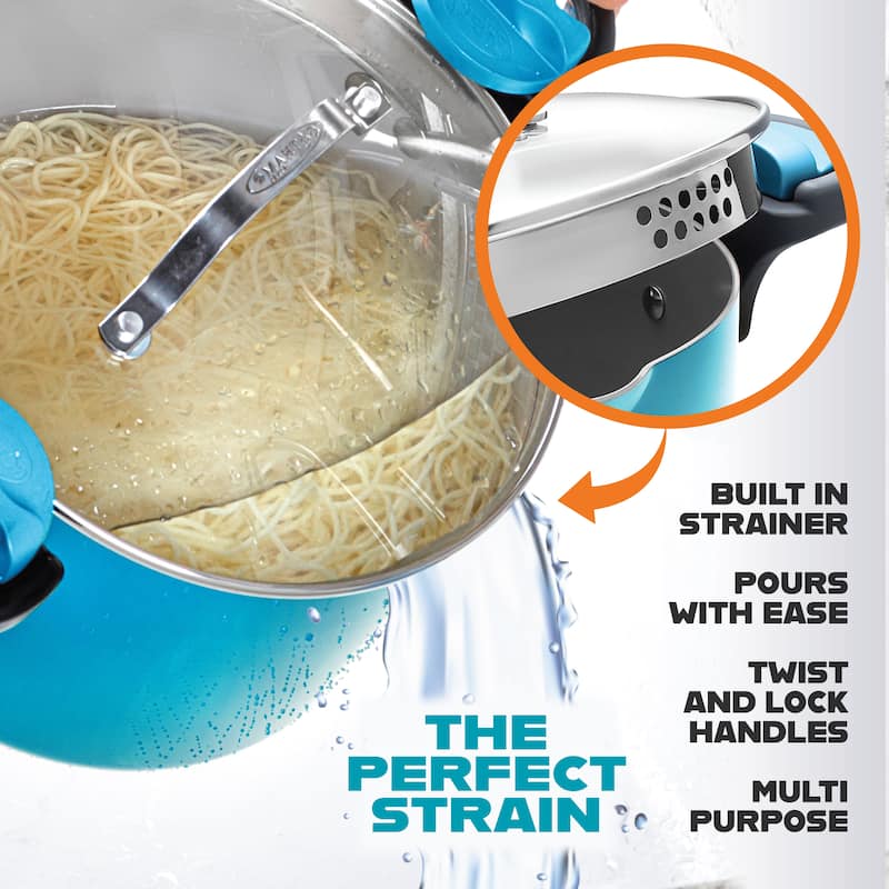 Gotham Steel Ocean Blue 5 QT Multi Purpose Pasta Pot with Twist and Lock Handles