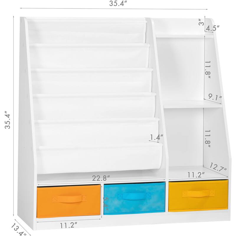 COSTARS Kids Bookshelf and Toy Storage, 5-Tier Sling Montessori Bookshelf with Bins, Wood Childrens Bookcase Organizer