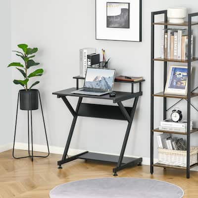 HOMCOM Industrial Computer Desk with Monitor Shelf, R Shaped Writing Table for Home Office