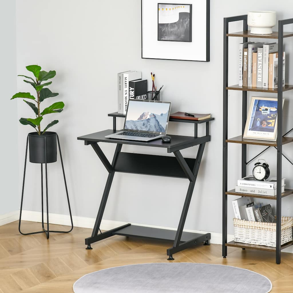 HOMCOM Industrial Computer Desk with Monitor Shelf, R Shaped Writing Table for Home Office