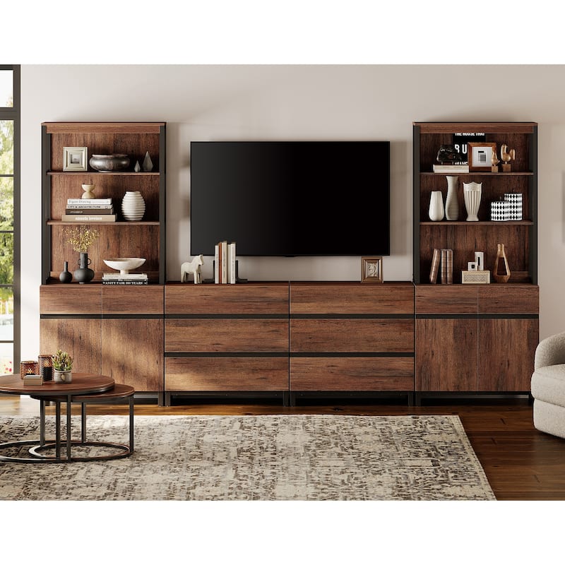WAMPAT Modern TV Stand with 3 Tiers Bookshelf, Farmhouse Entertainment Center with 2 Storage Cabinets and 6 Drawers - Brown
