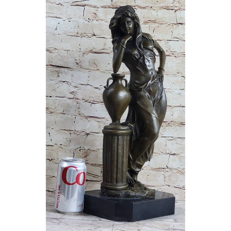Signed Beautiful Maiden Ponders Leaning Against Vase Bronze Figurine Sculpture