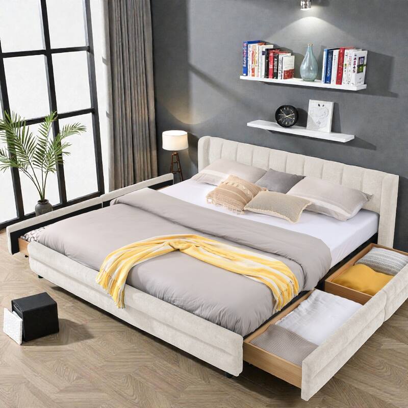 King Upholstered Bed Frame with Chenille Fabric, Soft Headboard and Underbed Storage Drawer, Modern Platform Design