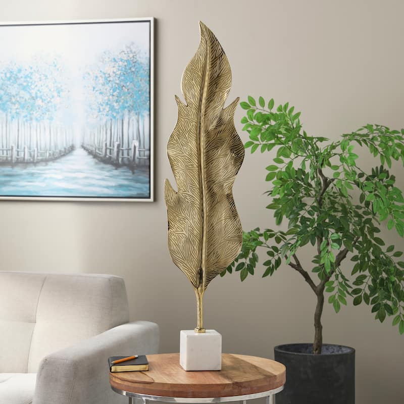 Gold Aluminum Metal Tall Textured Leaf Sculpture with White Marble Base
