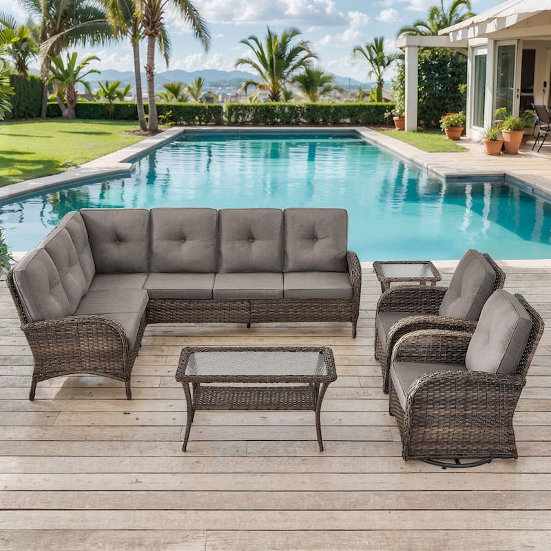Outdoor Sectional Sofa with Cushion Funiture Set - Brwon Wicker Grey Cushion - 6PCS Sectional Sofa w/ Swivel Chair