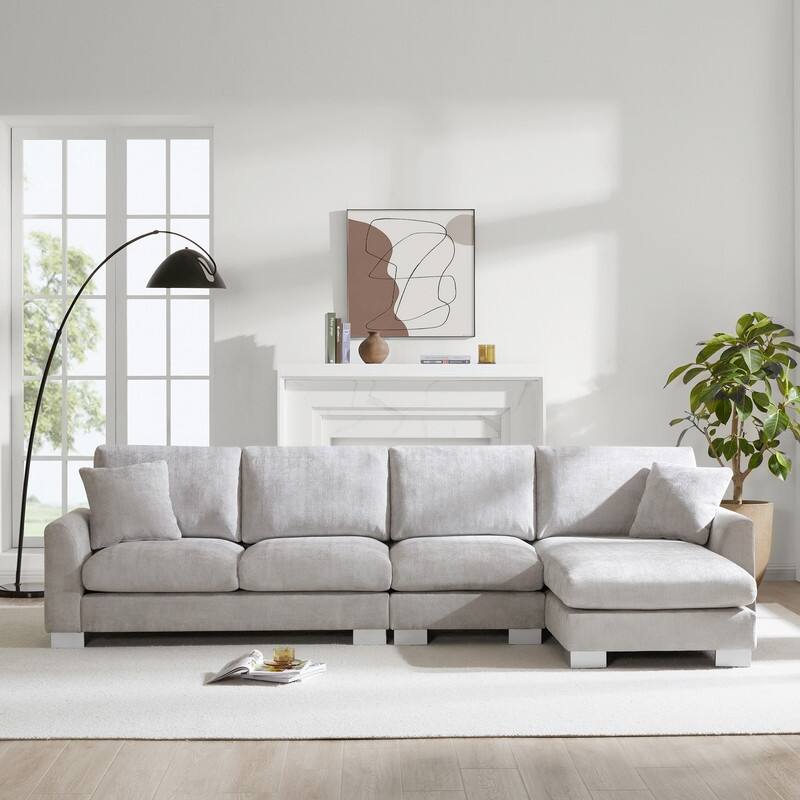 Modern Oversized Long Couch with 2 Pillows, L-shaped Sectional Sofa with with Chaise Lounge - Light Grey