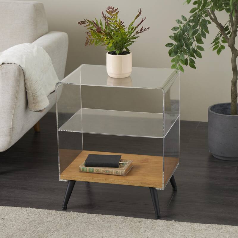 Acrylic Plastic 6 Section Shelving Unit with Wood Base and Black Metal Legs - Clear - Roche River Decor