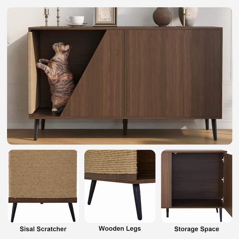 Modern Sideboard Cabinet with Cat Scratching Board, Pet-Friendly Storage Buffet with Spring-Loaded Door - Walnut