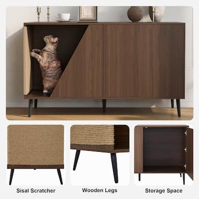 Modern Sideboard Cabinet with Cat Scratching Board, Pet-Friendly Storage Buffet with Spring-Loaded Door