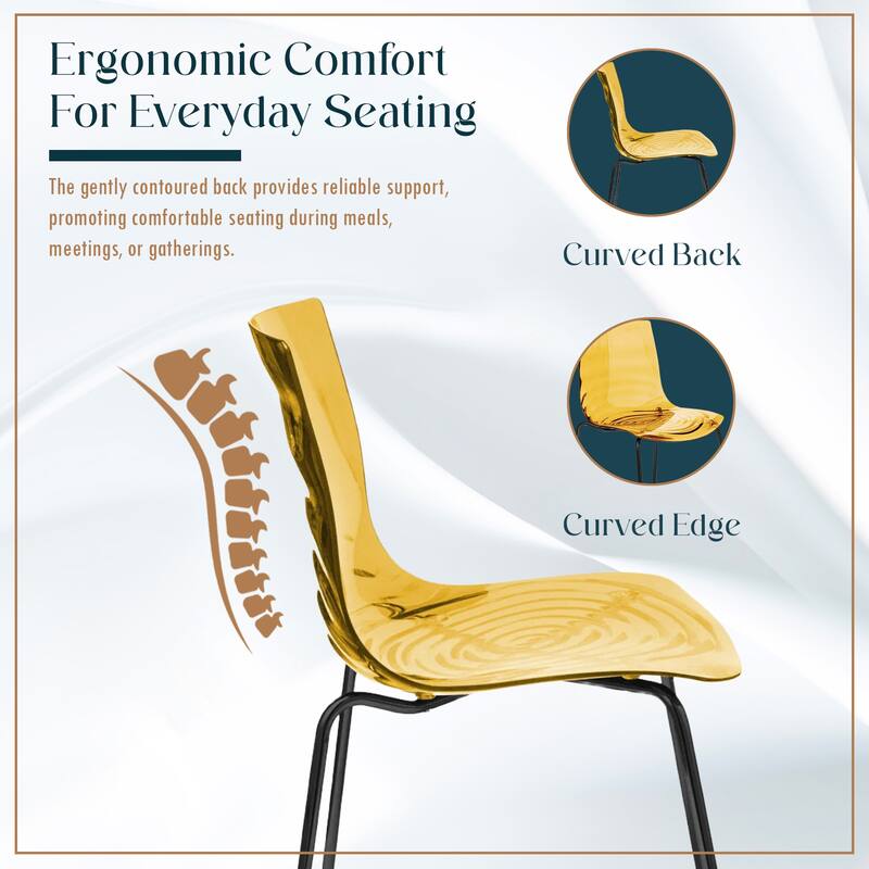 Astor Modern Minimalist Transparent Dining Chair with Black Metal Legs and Ripple Design Accent Side Chair for Indoor & Outdoor