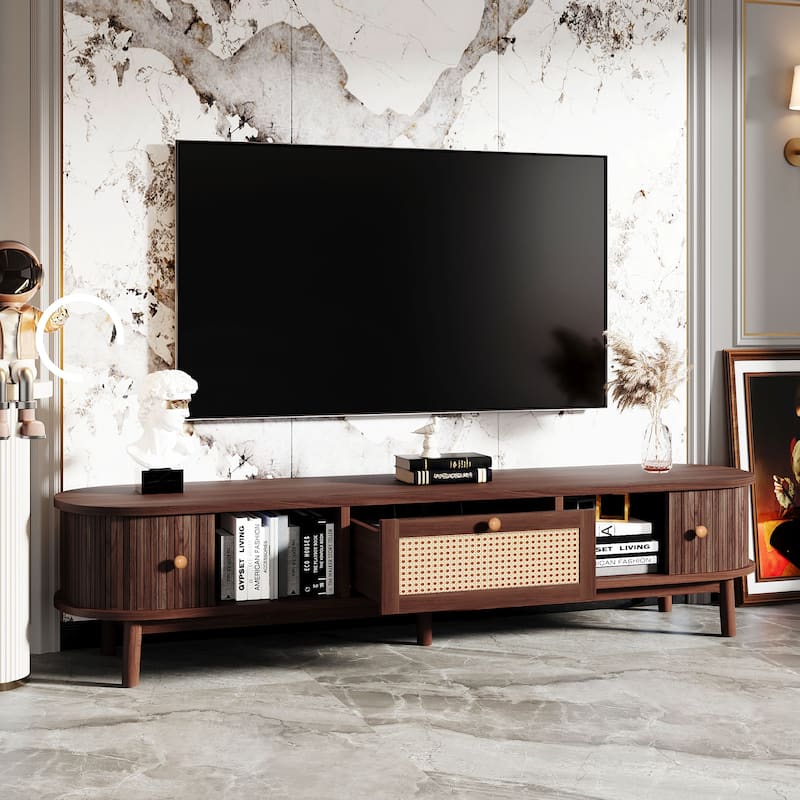 Modern Design TV Stand for 75" TVs, Media Console TV Cabinet with Rattan-Front Drawer 1 Drawer and 2 Sliding-Door Cabinets