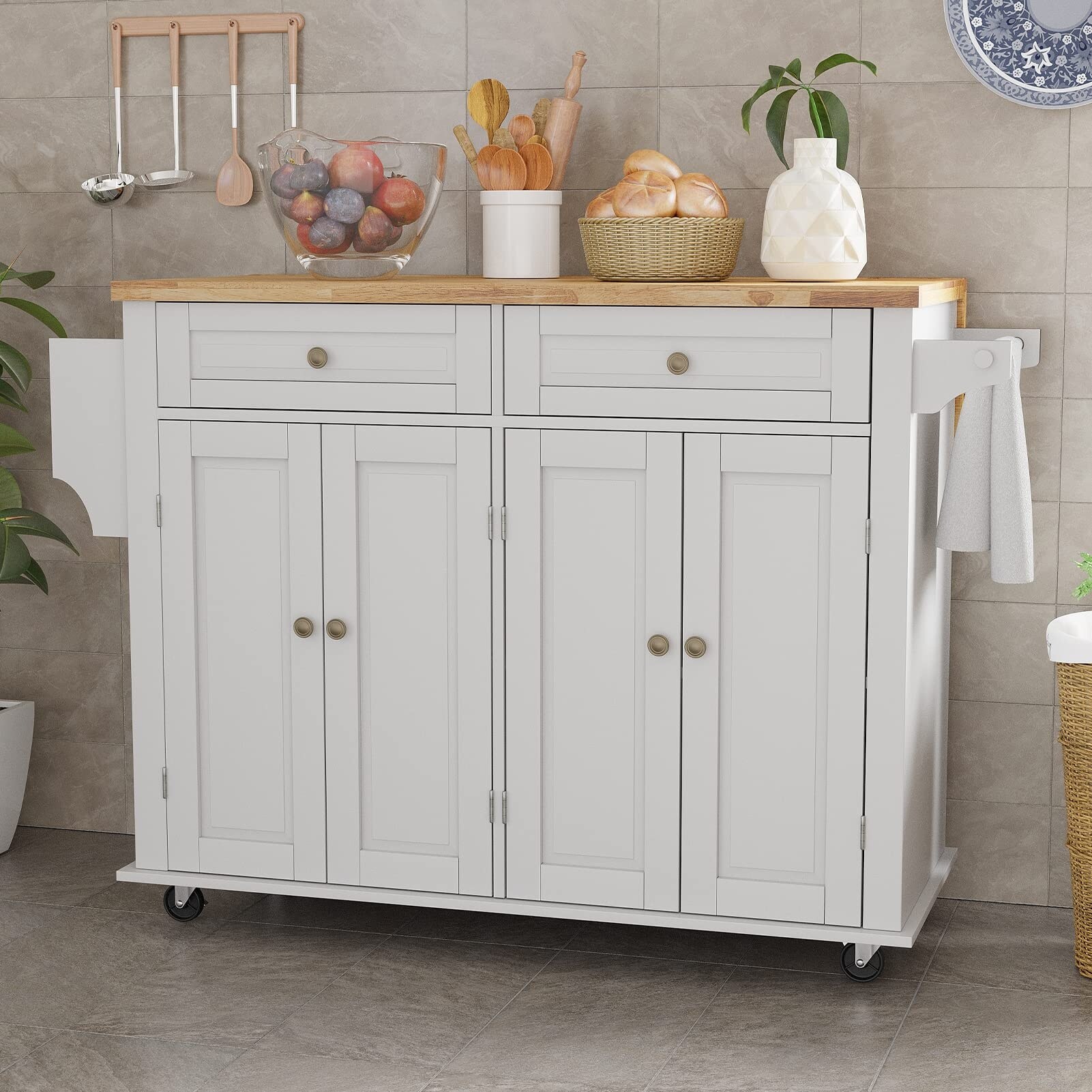 Movable kitchen island with seating and storage clearance