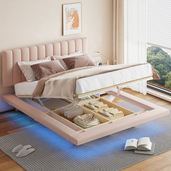slide 2 of 16, Pink Queen Velvet Upholstered Platform Bed w/ Hydrualic Storage, Floating Wood Bed Frame w/ LED Light & USB Port for Kids Adults Pink - Queen