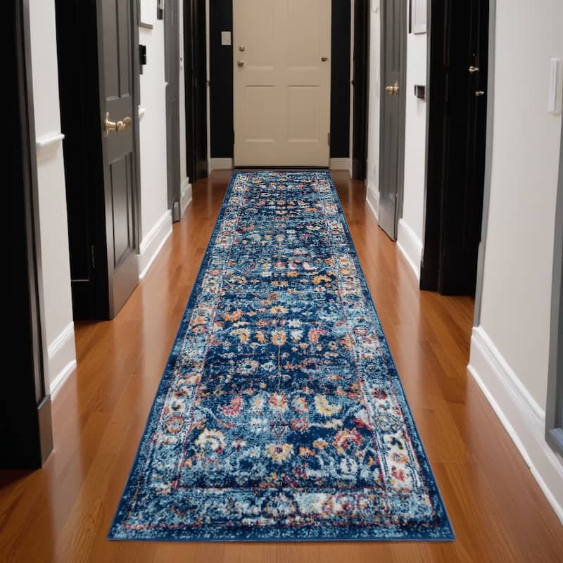 Qefi Power Loomed Stain Resistant Durable Area Rug By HomeRoots - 123' X '30' X '0.38 - 123' X '30' X '0.38 - Ivory Navy and Orange - Runner