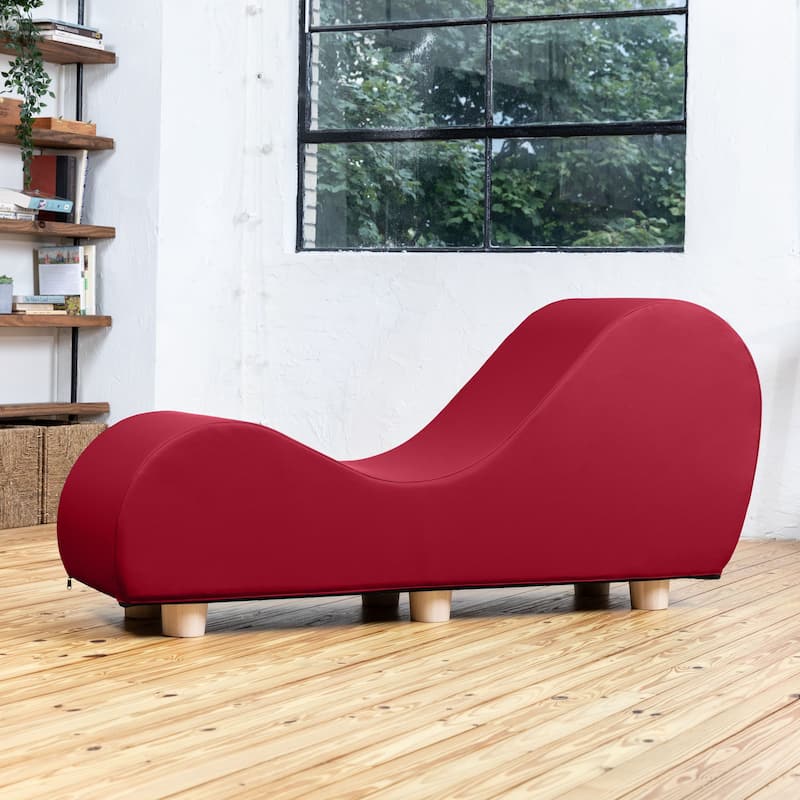 Avana Yoga Chaise Lounge w/ Maple Wood Feet - Faux Leather Claret Red