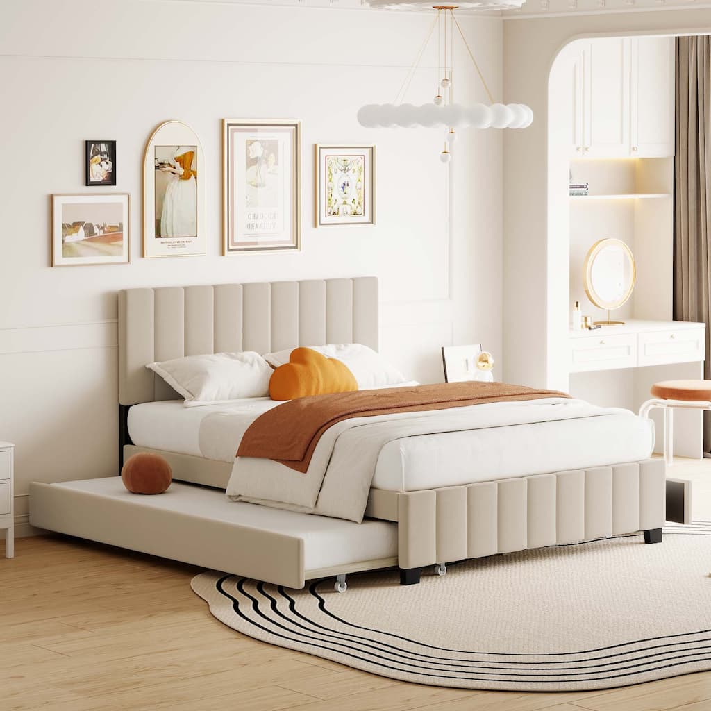 Queen Size Velvet Upholstered Platform Bed with Twin XL Trundle