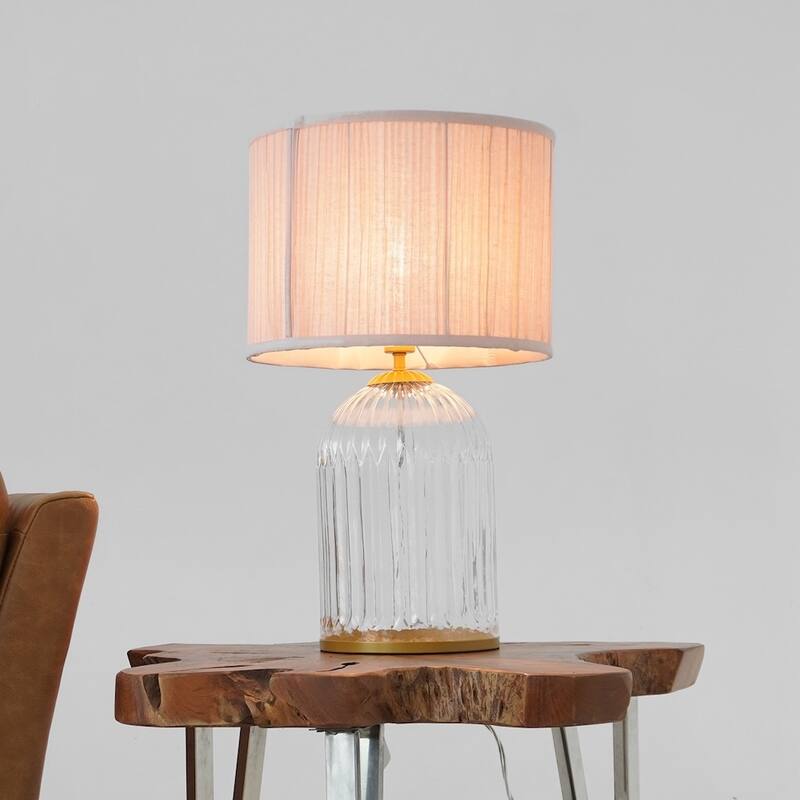 Coachella Ribbed Glass Table Lamp with Pleated Fabric Shade - Gold