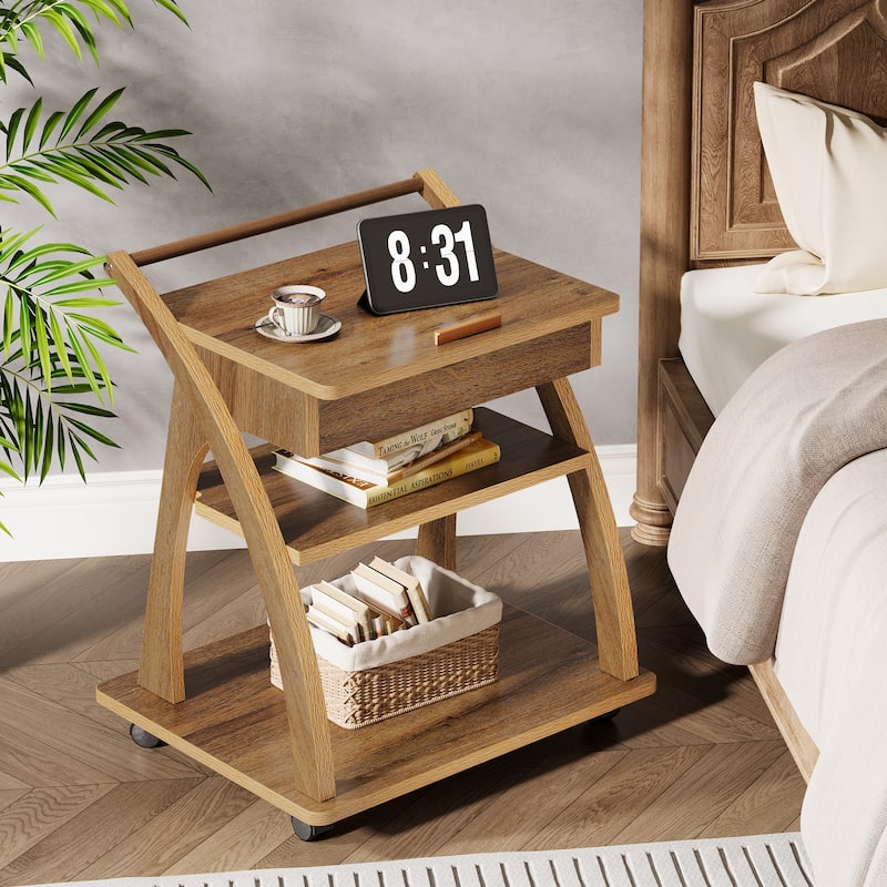 Side Table with Wheels, 3-Tier End Table with Adjustable Tabletop