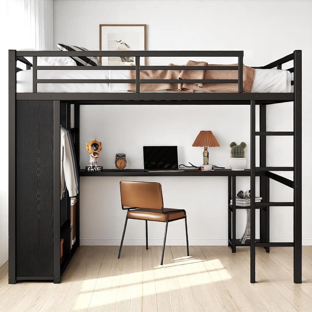 Space-Saving Twin XL/Full/Queen Size Loft Bed with Desk, Wardrobe & Storage, Metal Frame with Guardrails