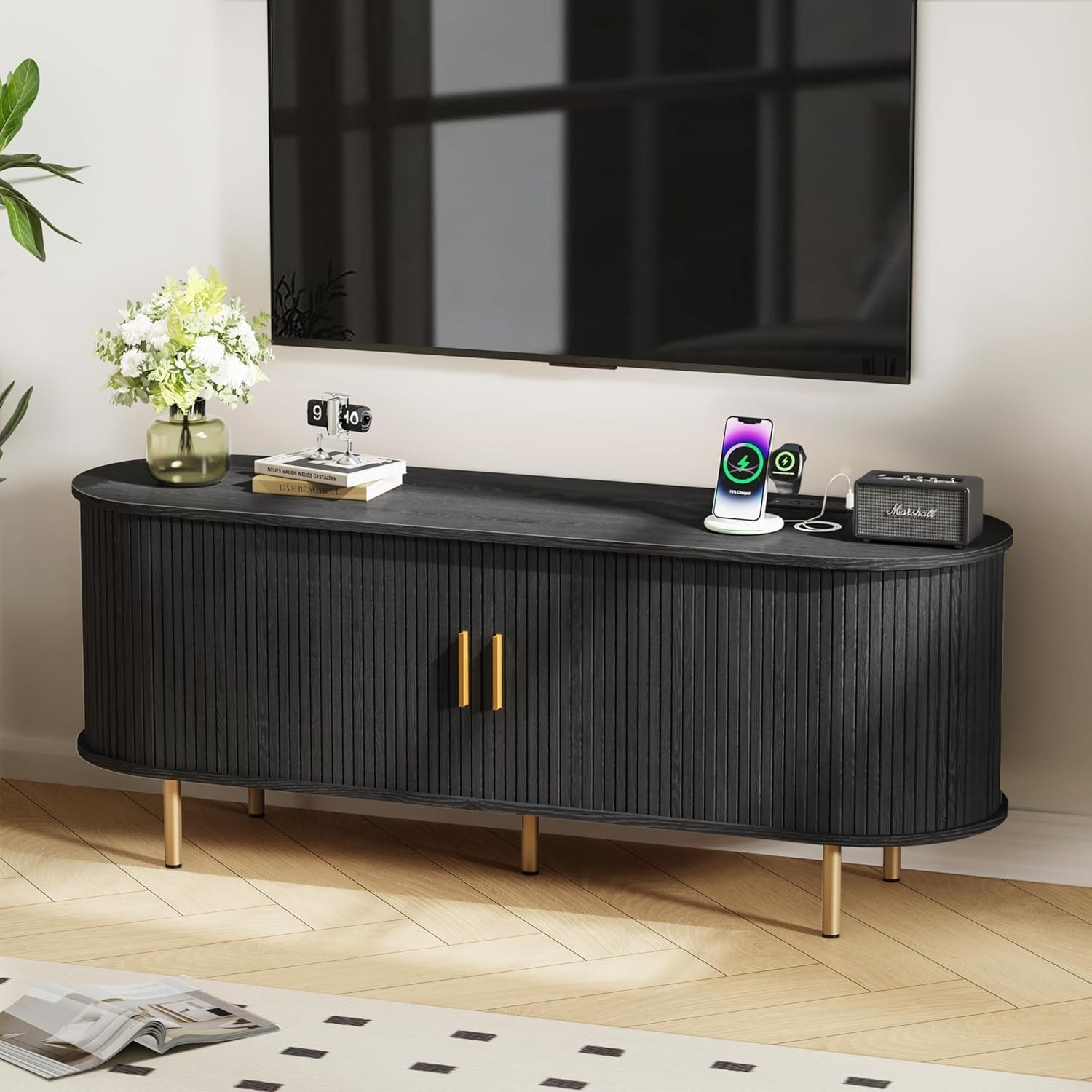 Mid Century TV Stand with Power Outlet, Storage, Adjustable Shelves, Sliding Doors for Living Room - Black