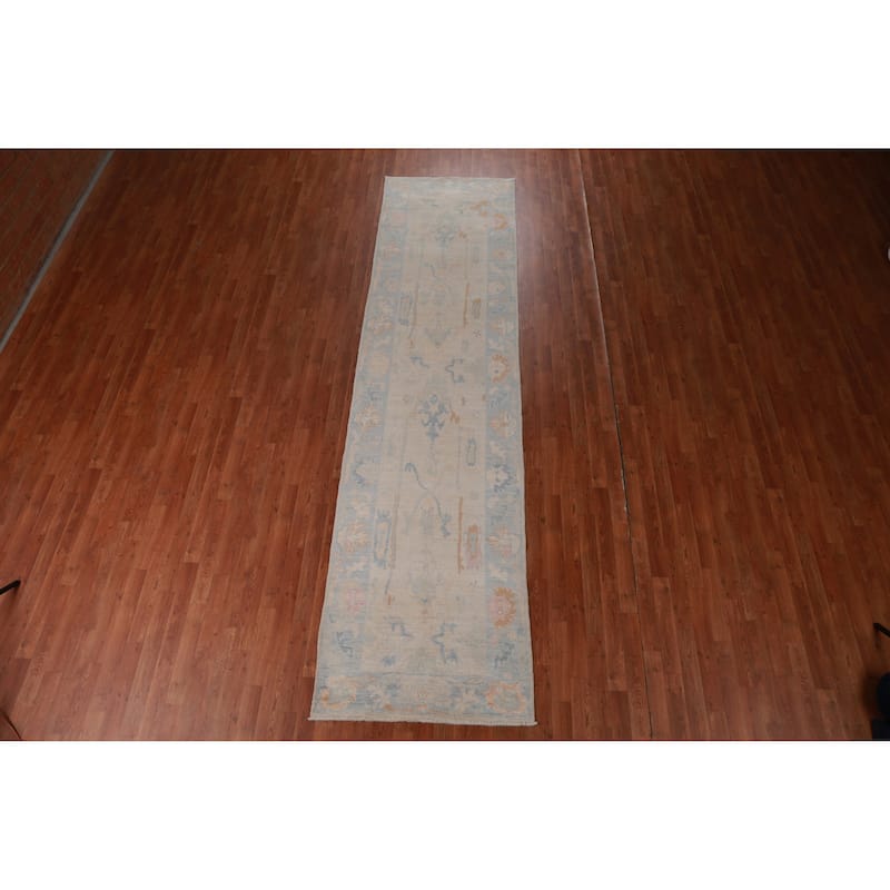 Hand Knotted Oriental 100% Wool Carpet Transitional All-Over Beige & Ivories Oushak Runner Rug - 12' 2'' X 3' 1''