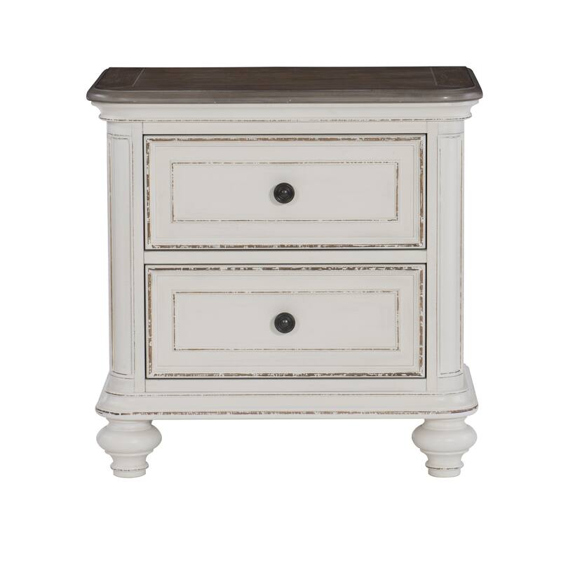 Antique White & Brown-Gray Nightstand, Drawers, Black Knobs, Traditional Design