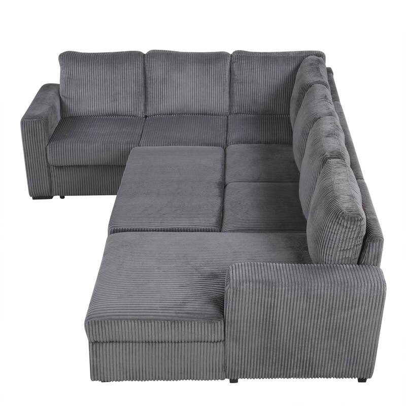 115.6" Corduroy U-Shaped Sectional Sofa with Pull-out Bed, Storage & USB Ports