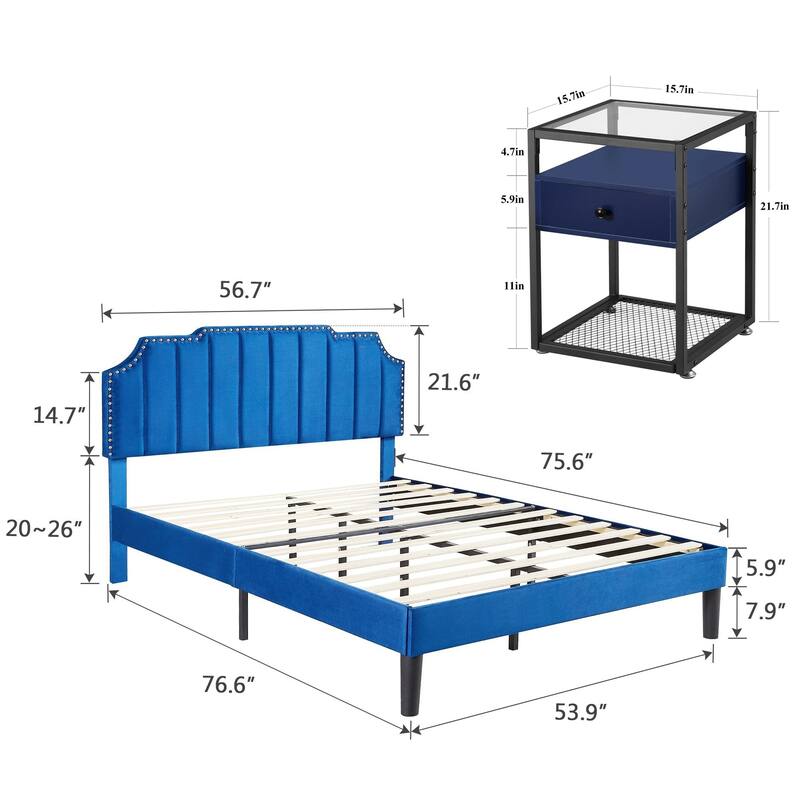 Bedroom Sets, 15 Style Options, 3-pieces Bedroom Set with Height Adjustable Upholstered Bed and Nightstands Set of 2-VECELO
