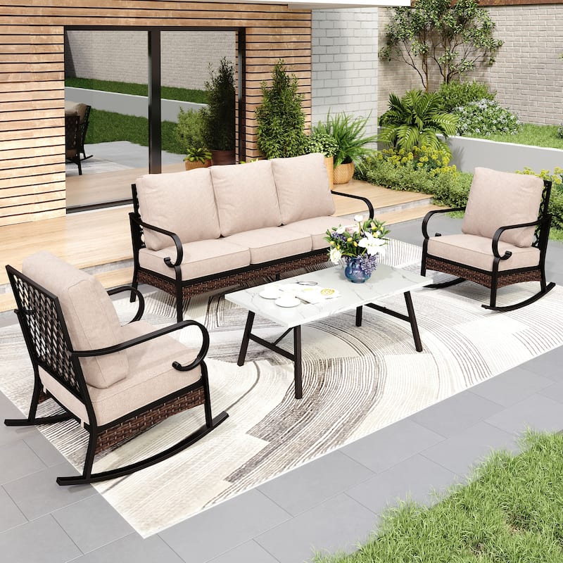 MAISON ARTS 5-Seat Outdoor Patio Furniture Sets, 2 x Cushioned Chairs, 1 x 3-Seat Sofa with Marbling Coffee Table - Set 2(Rocking Chairs) - Beige