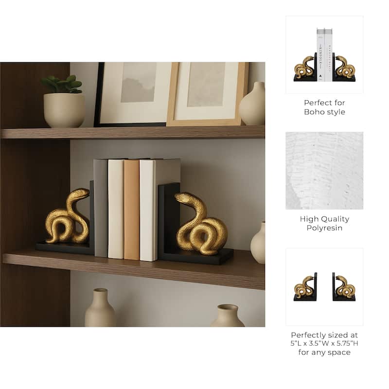 Modern Resin Snake Bookends on L-Shape Base - 6", Black & Gold - 5.75"