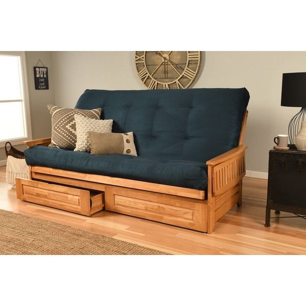 Somette Phoenix Queen size Storage Futon Set in Butternut Finish with Suede Mattress On Sale Bed Bath Beyond 34538741